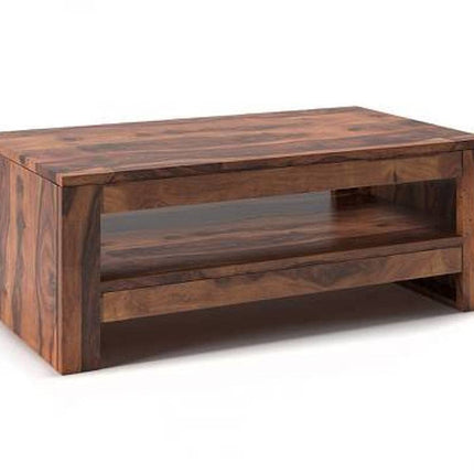 Solid Sheesham Wood Coffee Table with Bottom Shelf Storage Centre Table for Living Room Hall Home (Natural Finish)