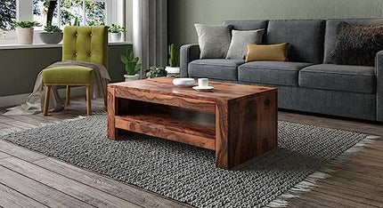 Solid Sheesham Wood Coffee Table with Bottom Shelf Storage Centre Table for Living Room Hall Home (Natural Finish)